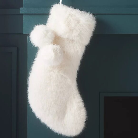 Anthropologie Chloe Faux-Fur Stocking NEW White Pom Pom Glam Christmas Holiday - Picture 1 of 2
